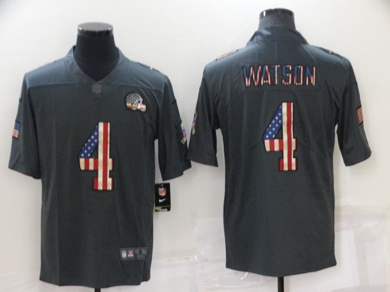 Custom Men’s Cleveland Browns #4 Deshaun Watson Grey Salute To Service USA Flag Fashion Limited Stitched Jersey