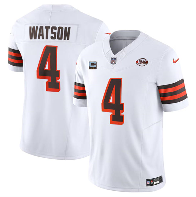 Custom Men’s Cleveland Browns #4 Deshaun Watson White 2024 F.U.S.E. With 2-Star C Patch 1946 Collection Vapor Untouchable Limited Stitched Jersey