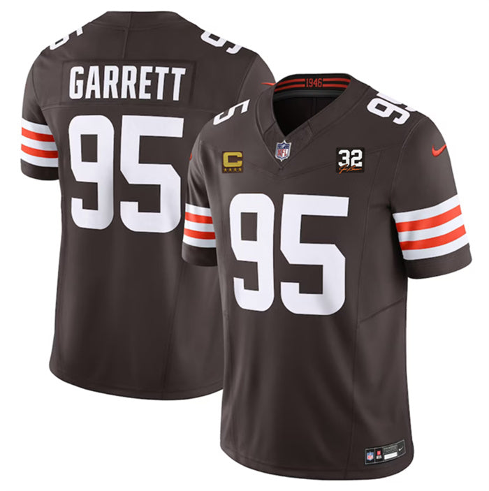 Custom Men’s Cleveland Browns #95 Myles Garrett Brown 2023 F.U.S.E. With 4-Star C Patch And Jim Brown Memorial Patch Vapor Untouchable Limited Stitched Jersey