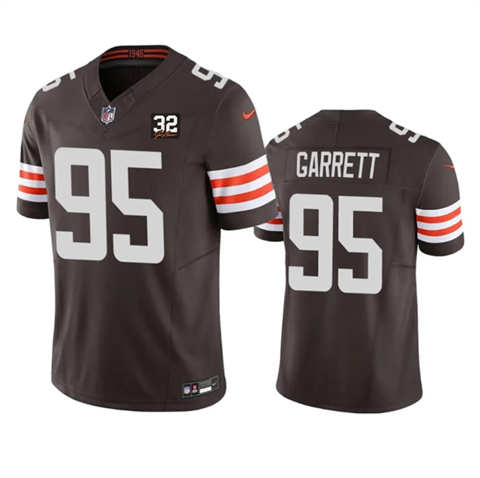 Custom Men’s Cleveland Browns #95 Myles Garrett Brown 2023 F.U.S.E. With Jim Brown Memorial Patch Vapor Untouchable Limited Stitched Jersey