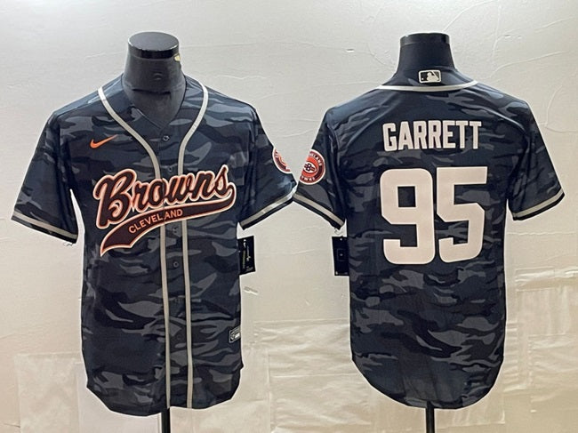 Custom Men’s Cleveland Browns #95 Myles Garrett Grey Camo With Patch Cool Base Stitched Baseball Jersey