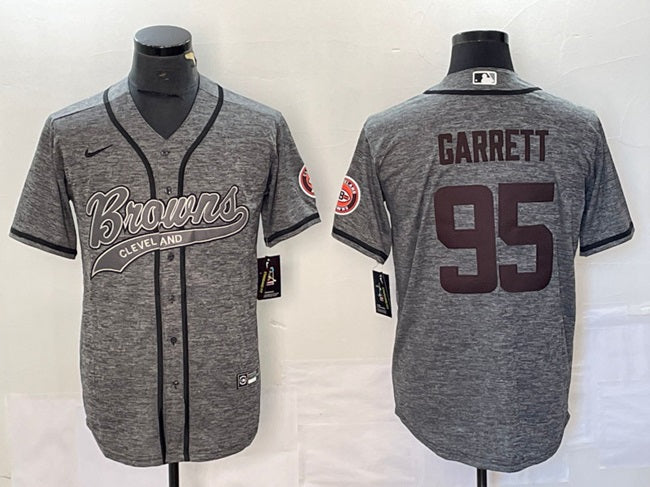 Custom Men’s Cleveland Browns #95 Myles Garrett Grey With Patch Cool Base Stitched Baseball Jersey
