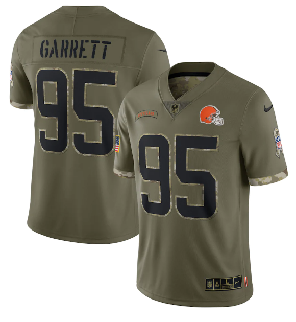 Custom Men’s Cleveland Browns #95 Myles Garrett Olive 2022 Salute To Service Limited Stitched Jersey