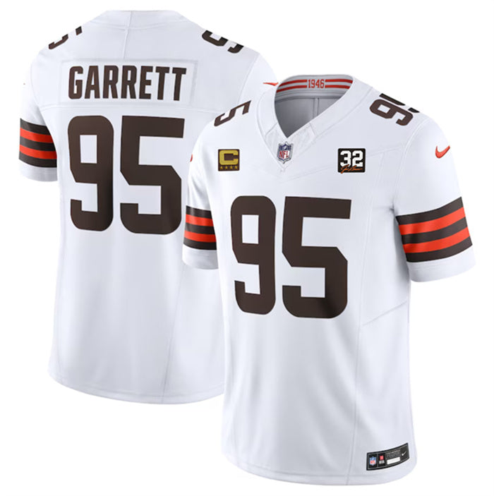 Custom Men’s Cleveland Browns #95 Myles Garrett White 2023 F.U.S.E. With 4-Star C Patch And Jim Brown Memorial Patch Vapor Untouchable Limited Stitched Jersey