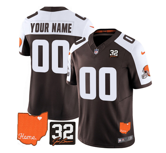 Custom Men’s Cleveland Browns Active Player Custom Brown White 2023 F.U.S.E. With Jim Brown Memorial Patch Vapor Untouchable Limited Stitched Jersey
