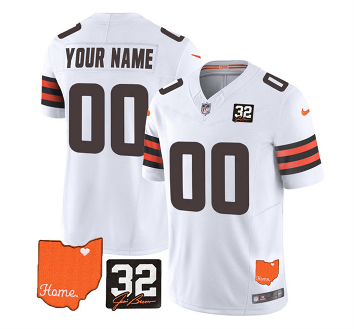 Custom Men’s Cleveland Browns Active Player Custom White 2023 F.U.S.E. With Jim Brown Memorial Patch Vapor Untouchable Limited Stitched Jersey