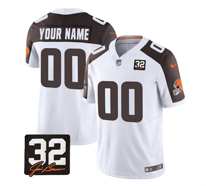 Custom Men’s Cleveland Browns Active Player Custom White Brown 2023 F.U.S.E. With Jim Brown Memorial Patch Vapor Untouchable Limited Stitched Jersey