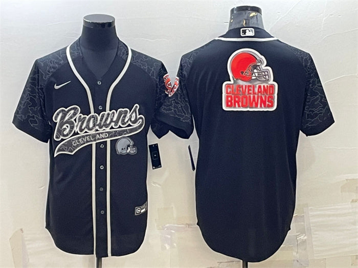 Custom Men’s Cleveland Browns Black Reflective Team Big Logo With Patch Cool Base Stitched Baseball Jersey
