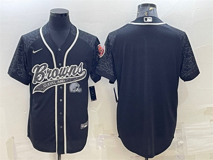 Custom Men’s Cleveland Browns Blank Black Reflective With Patch Cool Base Stitched Baseball Jersey
