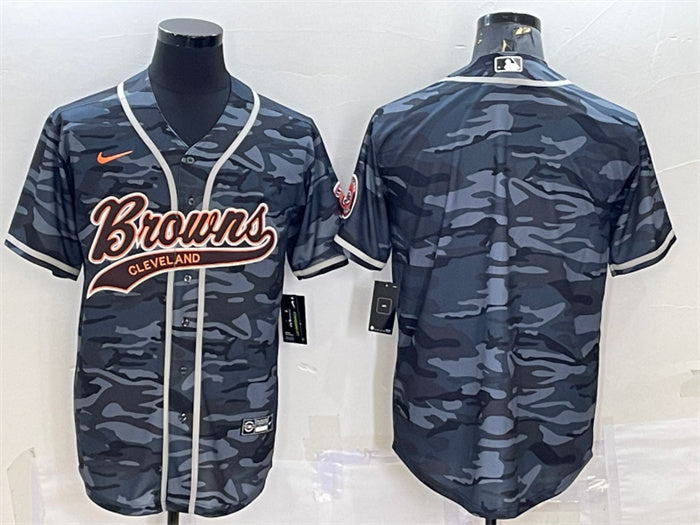 Custom Men’s Cleveland Browns Blank Grey Camo With Patch Cool Base Stitched Baseball Jersey