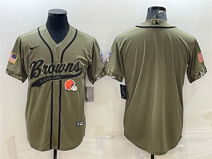 Custom Men’s Cleveland Browns Blank Olive 2022 Salute To Service Cool Base Stitched Baseball Jersey