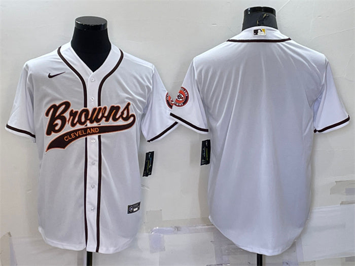 Custom Men’s Cleveland Browns Blank White With Patch Cool Base Stitched Baseball Jersey