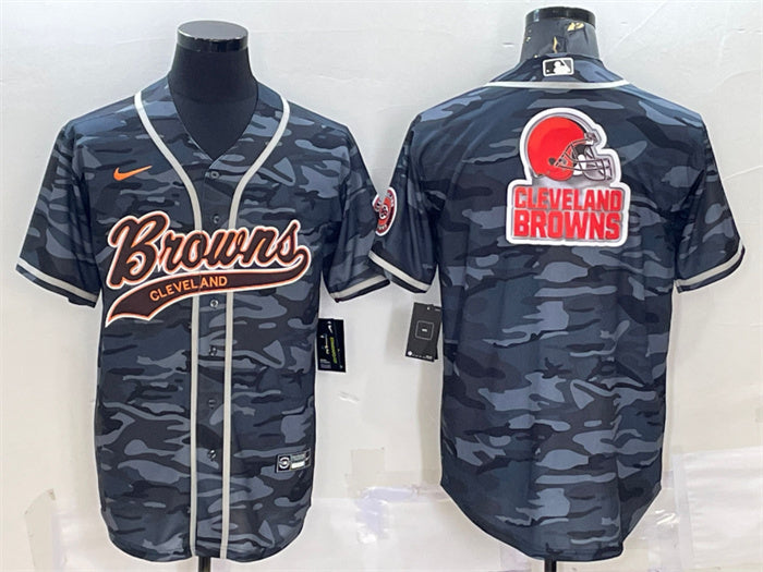 Custom Men’s Cleveland Browns Grey Camo Team Big Logo With Patch Cool Base Stitched Baseball Jersey