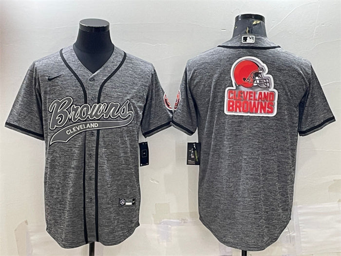 Custom Men’s Cleveland Browns Grey Team Big Logo With Patch Cool Base Stitched Baseball Jersey