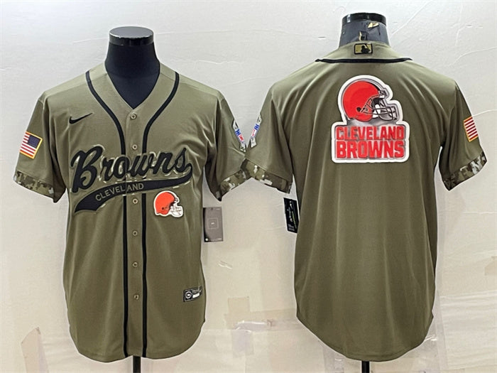 Custom Men’s Cleveland Browns Olive 2022 Salute To Service Team Big Logo Cool Base Stitched Baseball Jersey