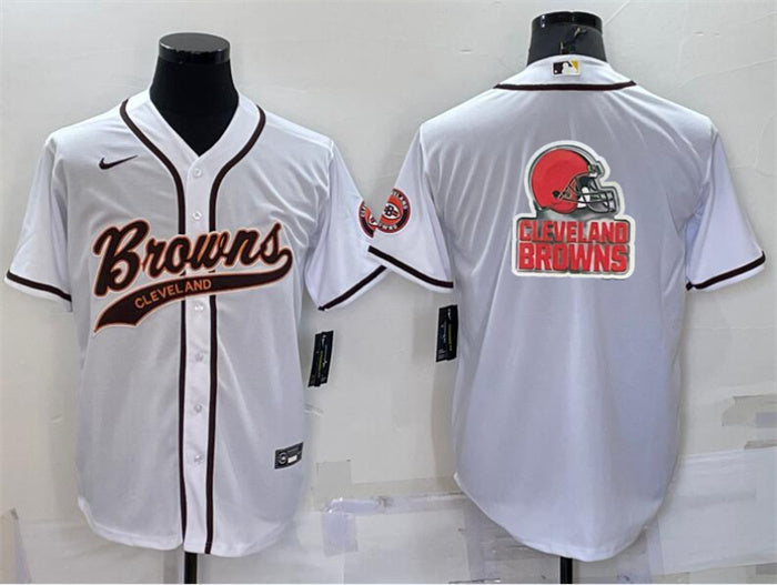 Custom Men’s Cleveland Browns White Team Big Logo With Patch Cool Base Stitched Baseball Jersey