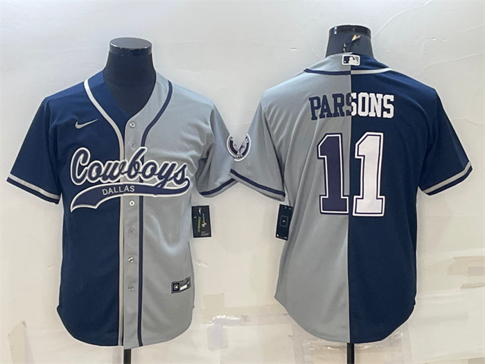 Custom Men’s Dallas Cowboys #11 Micah Parsons Navy Grey Split With Patch Cool Base Stitched Baseball Jersey