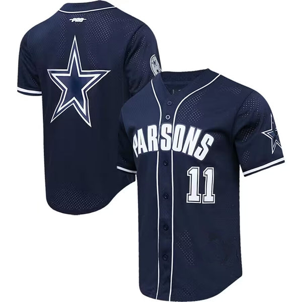 Custom Men’s Dallas Cowboys #11 Micah Parsons Navy Pro Standard Mesh Button-Up Stitched Baseball Jersey