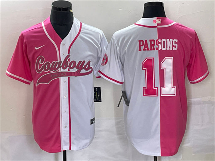 Custom Men’s Dallas Cowboys #11 Micah Parsons Pink White Split Cool Base Stitched Baseball Jersey