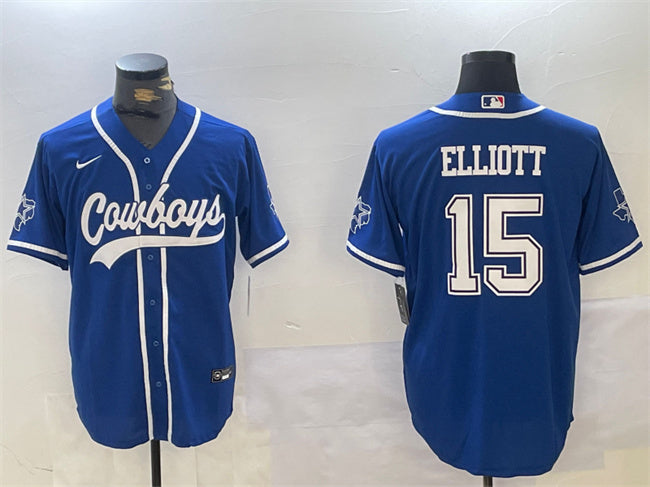Custom Men’s Dallas Cowboys #15 Ezekiel Elliott Royal With Patch Cool Base Stitched Baseball Jersey