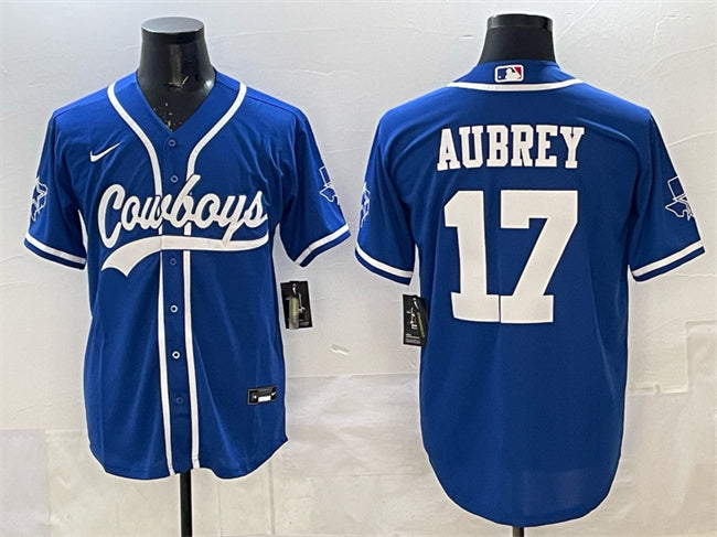 Custom Men’s Dallas Cowboys #17 Brandon Aubrey Blue Cool Base Stitched Baseball Jersey
