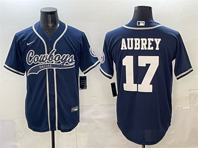 Custom Men’s Dallas Cowboys #17 Brandon Aubrey Navy Cool Base Stitched Baseball Jersey