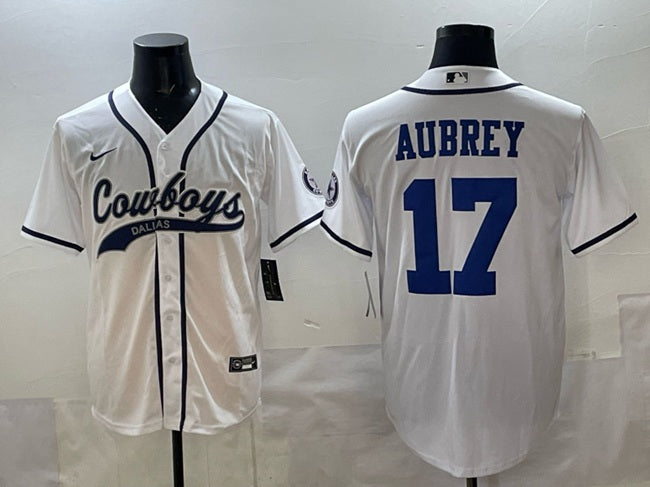 Custom Men’s Dallas Cowboys #17 Brandon Aubrey White Cool Base Stitched Baseball Jersey
