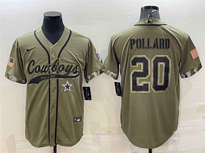 Custom Men’s Dallas Cowboys #20 Tony Pollard 2022 Olive Salute To Service Cool Base Stitched Baseball Jersey