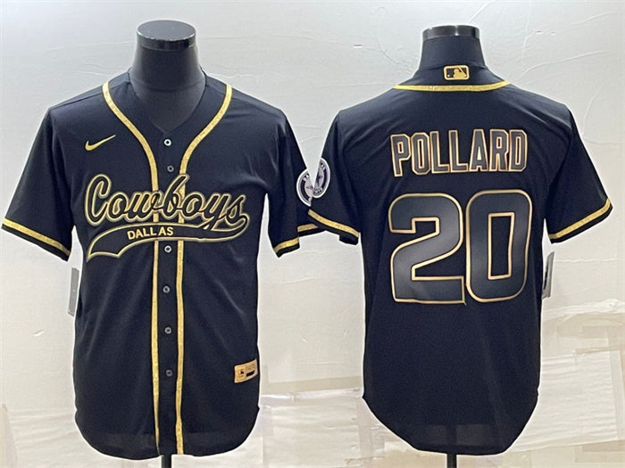 Custom Men’s Dallas Cowboys #20 Tony Pollard Black Gold With Patch Cool Base Stitched Baseball Jersey