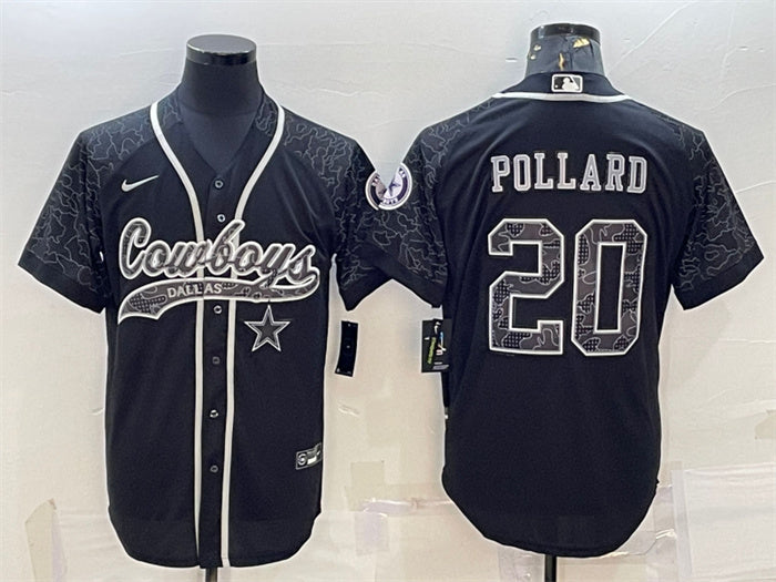 Custom Men’s Dallas Cowboys #20 Tony Pollard Black Reflective With Patch Cool Base Stitched Baseball Jersey