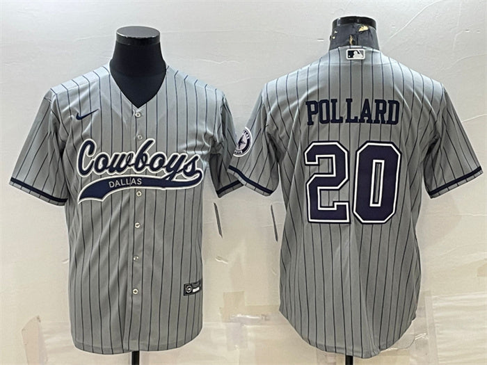 Custom Men’s Dallas Cowboys #20 Tony Pollard Gray With Patch Cool Base Stitched Baseball Jersey