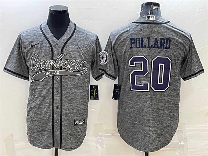 Custom Men’s Dallas Cowboys #20 Tony Pollard Grey With Patch Cool Base Stitched Baseball Jersey