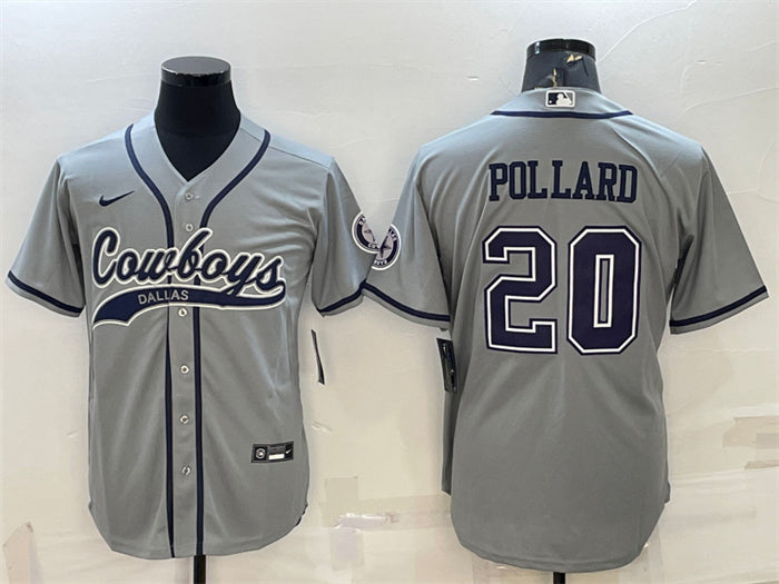 Custom Men’s Dallas Cowboys #20 Tony Pollard Grey With Patch Cool Base Stitched Baseball Jersey