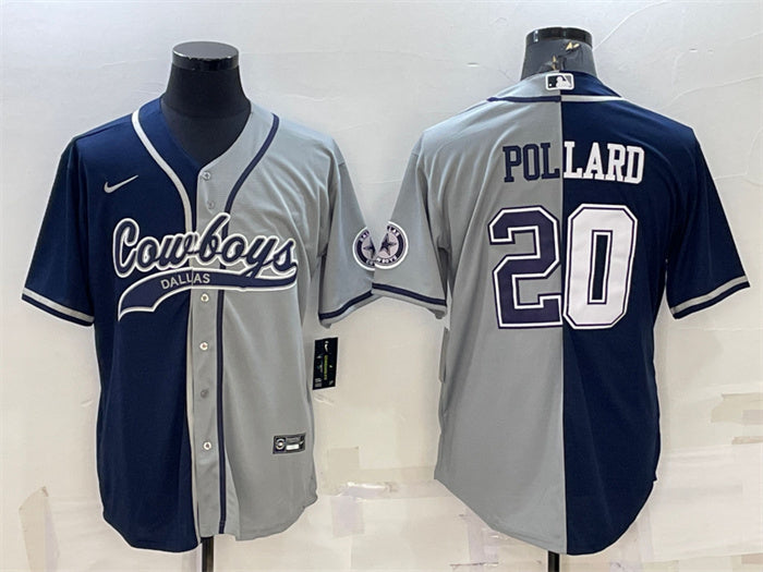 Custom Men’s Dallas Cowboys #20 Tony Pollard Navy Grey Split With Patch Cool Base Stitched Baseball Jersey