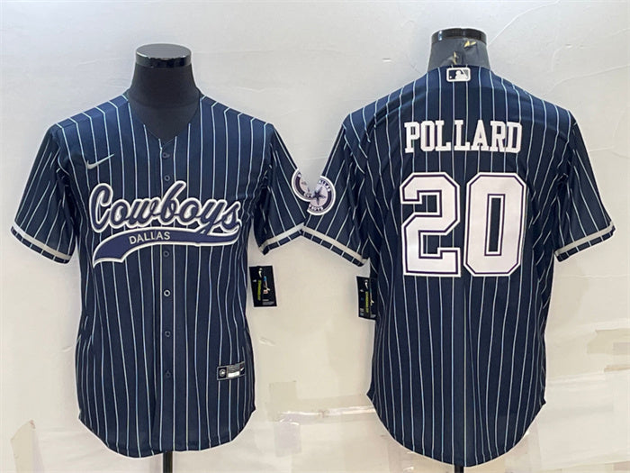 Custom Men’s Dallas Cowboys #20 Tony Pollard Navy With Patch Cool Base Stitched Baseball Jersey
