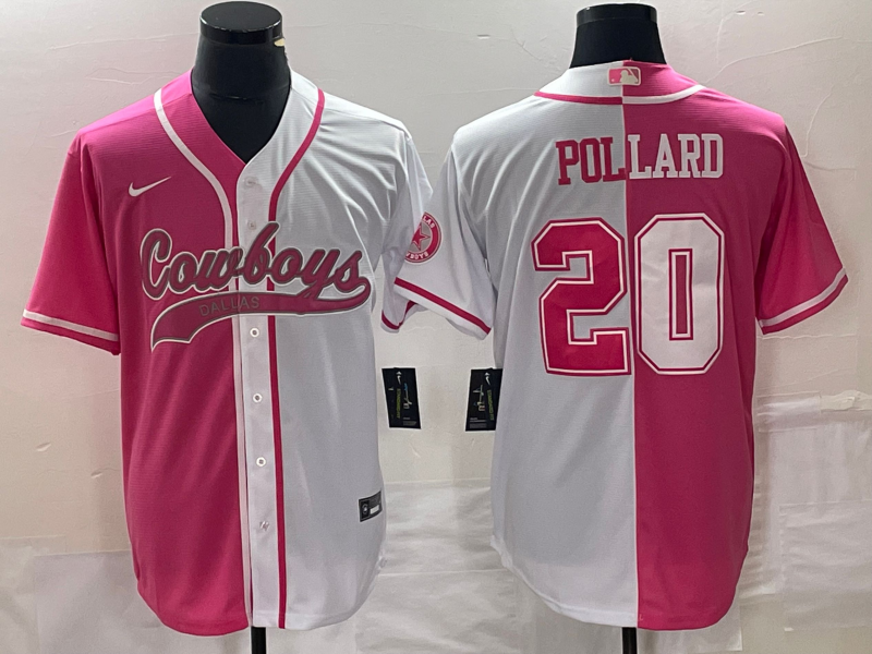 Custom Men’s Dallas Cowboys #20 Tony Pollard Pink White Split Cool Base Stitched Baseball Jersey