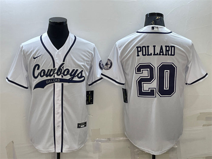 Custom Men’s Dallas Cowboys #20 Tony Pollard White With Patch Cool Base Stitched Baseball Jersey