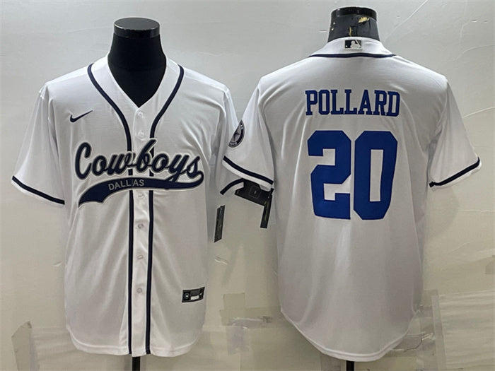 Custom Men’s Dallas Cowboys #20 Tony Pollard White With Patch Cool Base Stitched Baseball Jersey