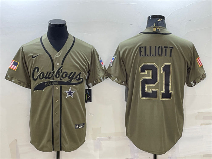 Custom Men’s Dallas Cowboys #21 Ezekiel Elliott 2022 Olive Salute To Service Cool Base Stitched Baseball Jersey