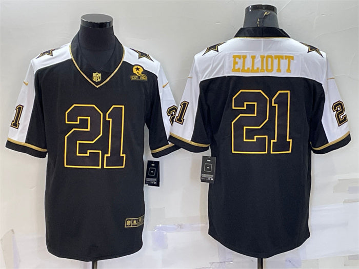 Custom Men’s Dallas Cowboys #21 Ezekiel Elliott Black Gold Thanksgiving With Patch Stitched Jersey