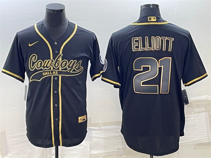 Custom Men’s Dallas Cowboys #21 Ezekiel Elliott Black Gold With Patch Cool Base Stitched Baseball Jersey