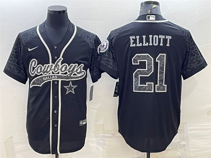 Custom Men’s Dallas Cowboys #21 Ezekiel Elliott Black Reflective With Patch Cool Base Stitched Baseball Jersey