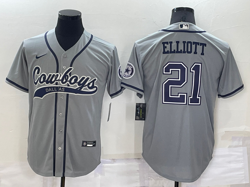 Custom Men’s Dallas Cowboys #21 Ezekiel Elliott Grey Cool Base Stitched Baseball Jersey