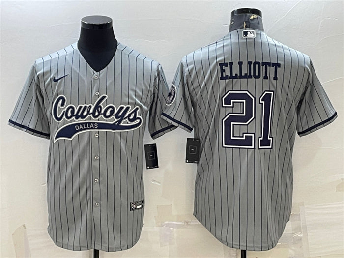 Custom Men’s Dallas Cowboys #21 Ezekiel Elliott Grey With Patch Cool Base Stitched Baseball Jersey