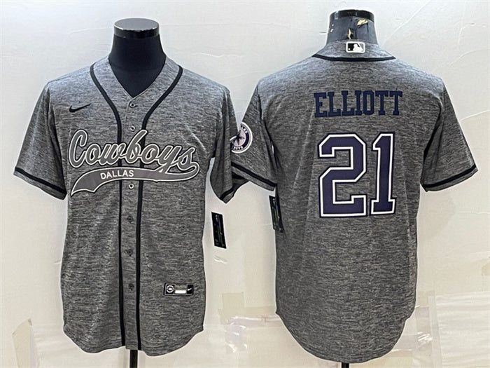 Custom Men’s Dallas Cowboys #21 Ezekiel Elliott Grey With Patch Cool Base Stitched Baseball JerseyS