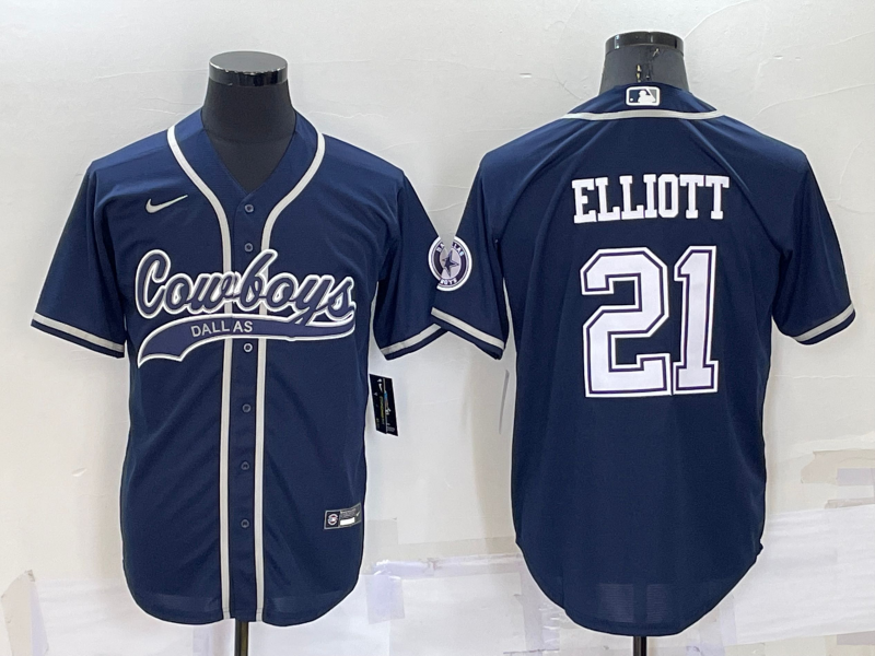 Custom Men’s Dallas Cowboys #21 Ezekiel Elliott Navy Cool Base Stitched Baseball Jersey
