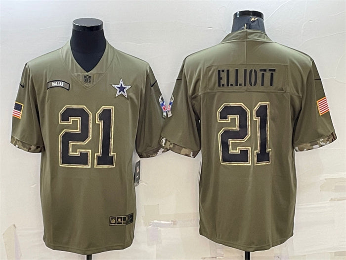 Custom Men’s Dallas Cowboys #21 Ezekiel Elliott Olive 2022 Salute To Service Limited Stitched Jersey