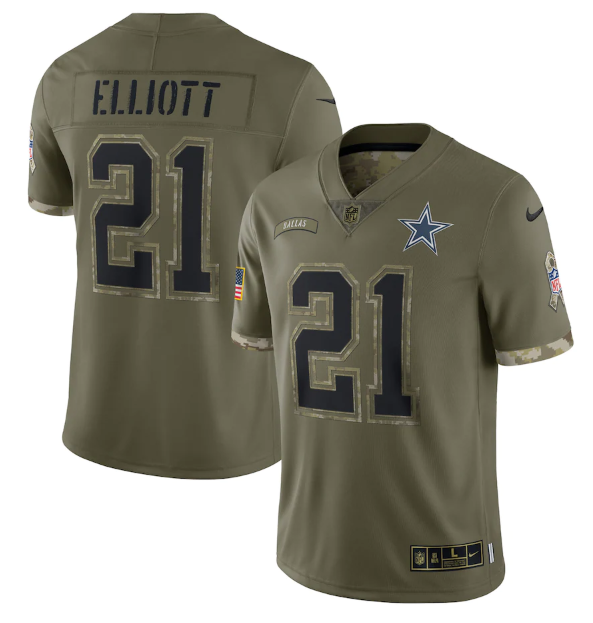 Custom Men’s Dallas Cowboys #21 Ezekiel Elliott Olive 2022 Salute To Service Limited Stitched Jersey