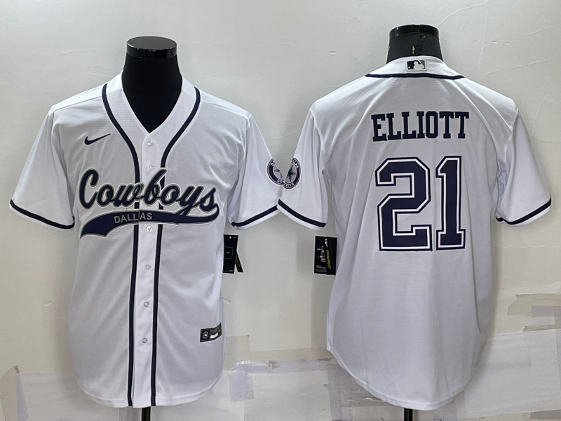 Custom Men’s Dallas Cowboys #21 Ezekiel Elliott White Cool Base Stitched Baseball Jersey