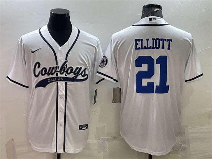 Custom Men’s Dallas Cowboys #21 Ezekiel Elliott White With Patch Cool Base Stitched Baseball Jersey